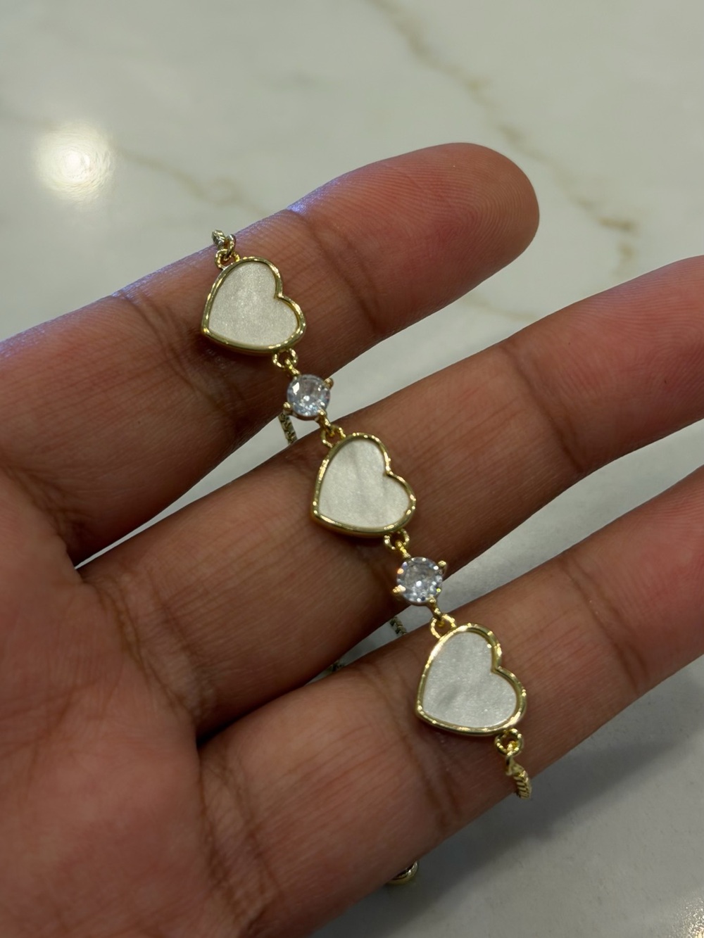 Set of 2 Gold Tone Adjustable Bracelets Heart Mother of Pearl CZ Tennis Bracelet
